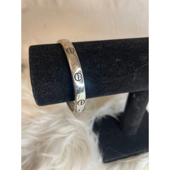 Logo Silver Toned Bangle Bracelet Hinged Heavy - Picture 8 of 8